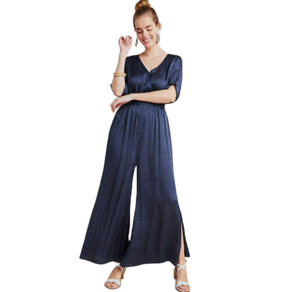 Anthropologie Maeve Jacqueline Jacquard Leopard Navy Blue Jumpsuit Size XS